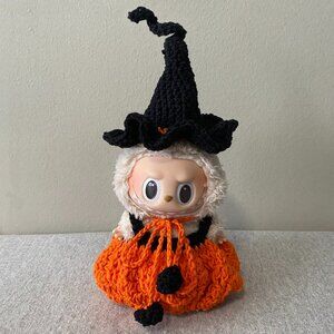 Handmade Crochet Halloween Orange Black Witch Outfit for Labubu 2-Piece Set